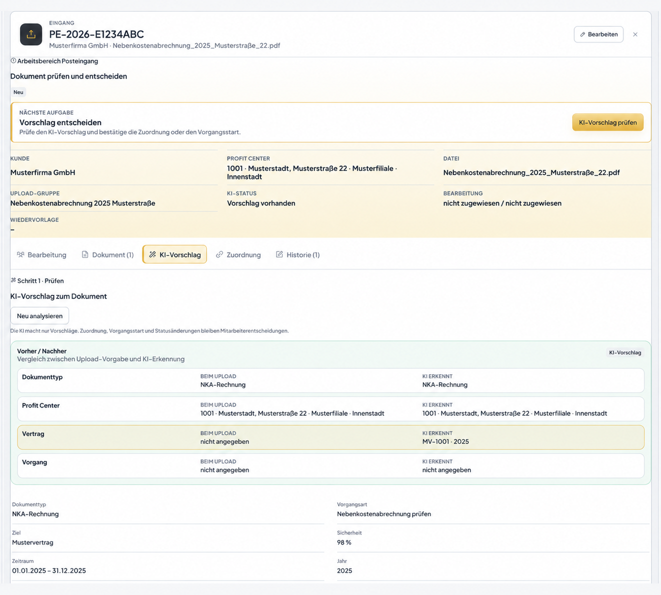 Posteingang mit KI-Vorschlag zu einer Nebenkostenabrechnung, fiktive KI-Testdaten