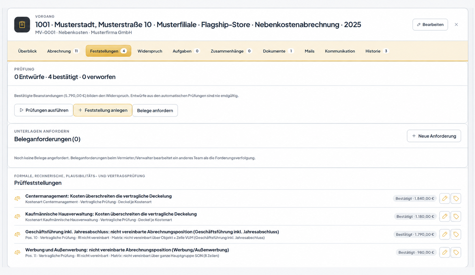 Nebenkostenvorgang mit vier bestaetigten Feststellungen und Gesamtbetrag der Beanstandungen, fiktive KI-Testdaten
