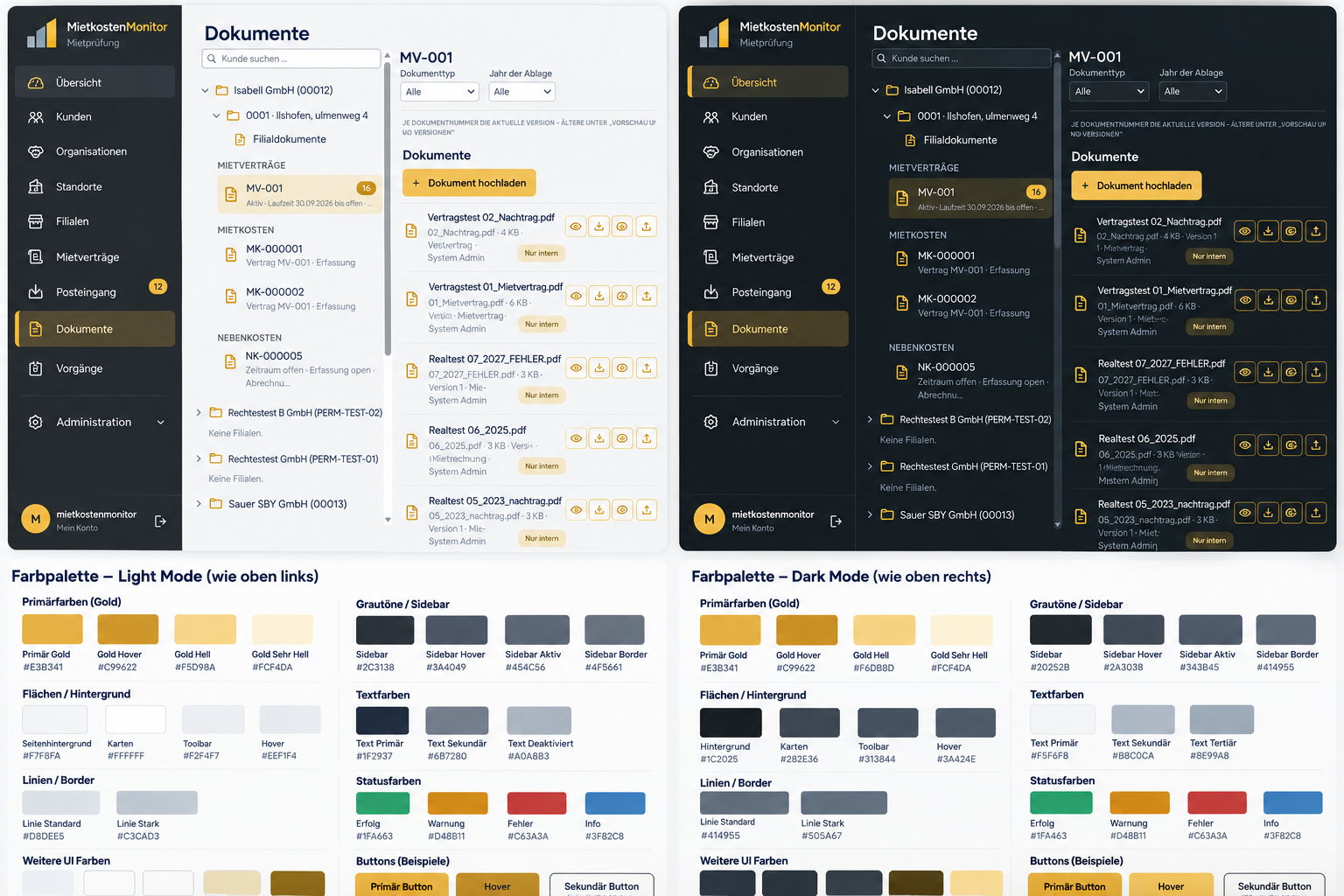 Software-Oberfläche mit Light Mode, Dark Mode und Farbpalette